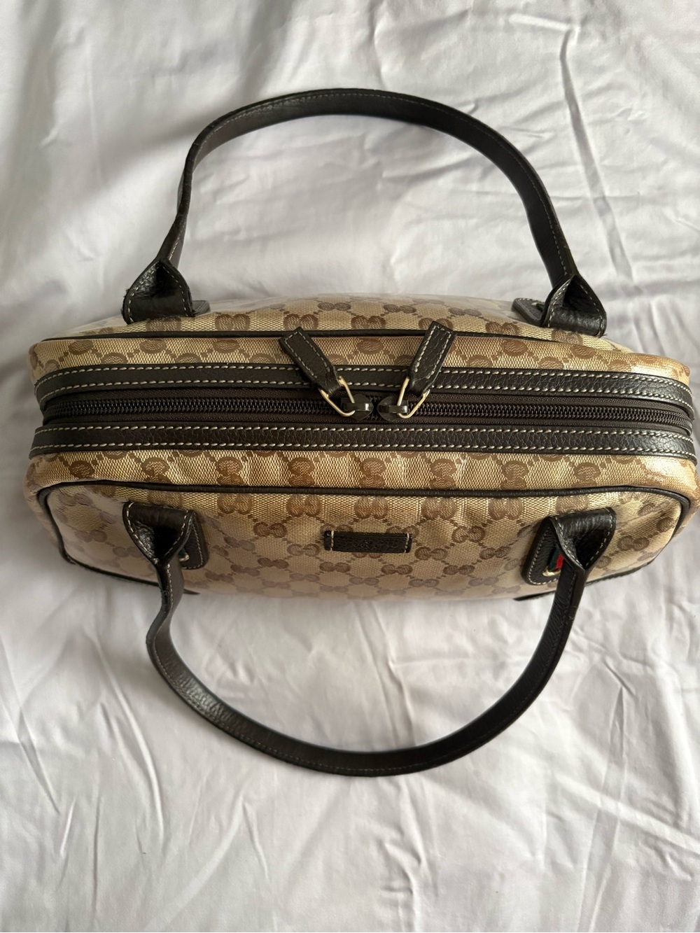 Gucci Crystal Princey Beige GG Canvas and Brown Leather Top-Handle Bag - Picture 15 of 16